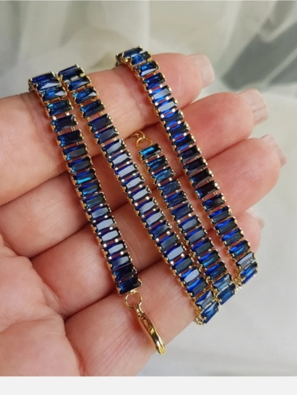Swarovski Elements Gold Sapphire Blue Emerald-cut Baguette Tennis Necklace NEW